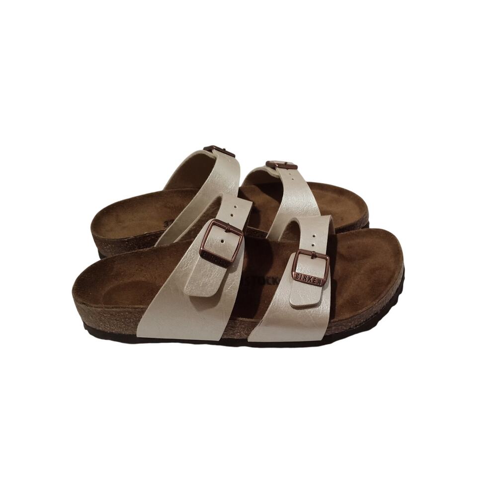 Birkenstock Made In Germany Pearl White Bronze Tone Logo Hardware Slides Size 37 - Picture 3 of 12